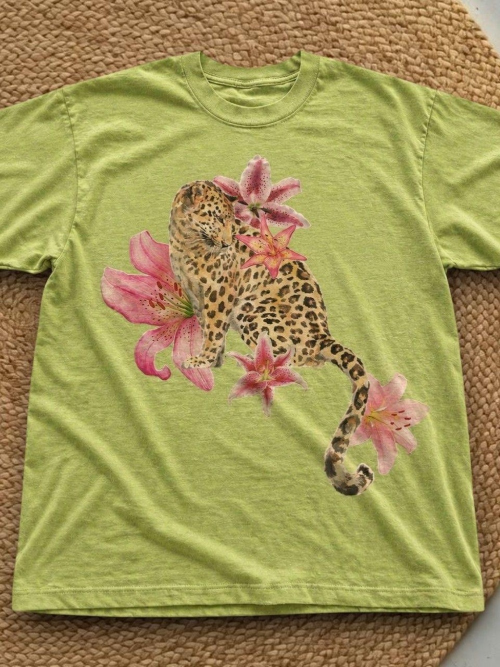 Green Graphic Tee with Leopard & Pink Lilies